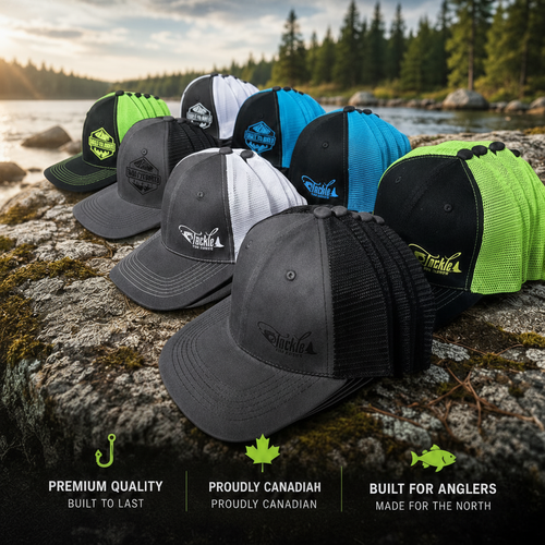 Collection of colorful caps on a rock with a scenic background, featuring text about gear and passion.